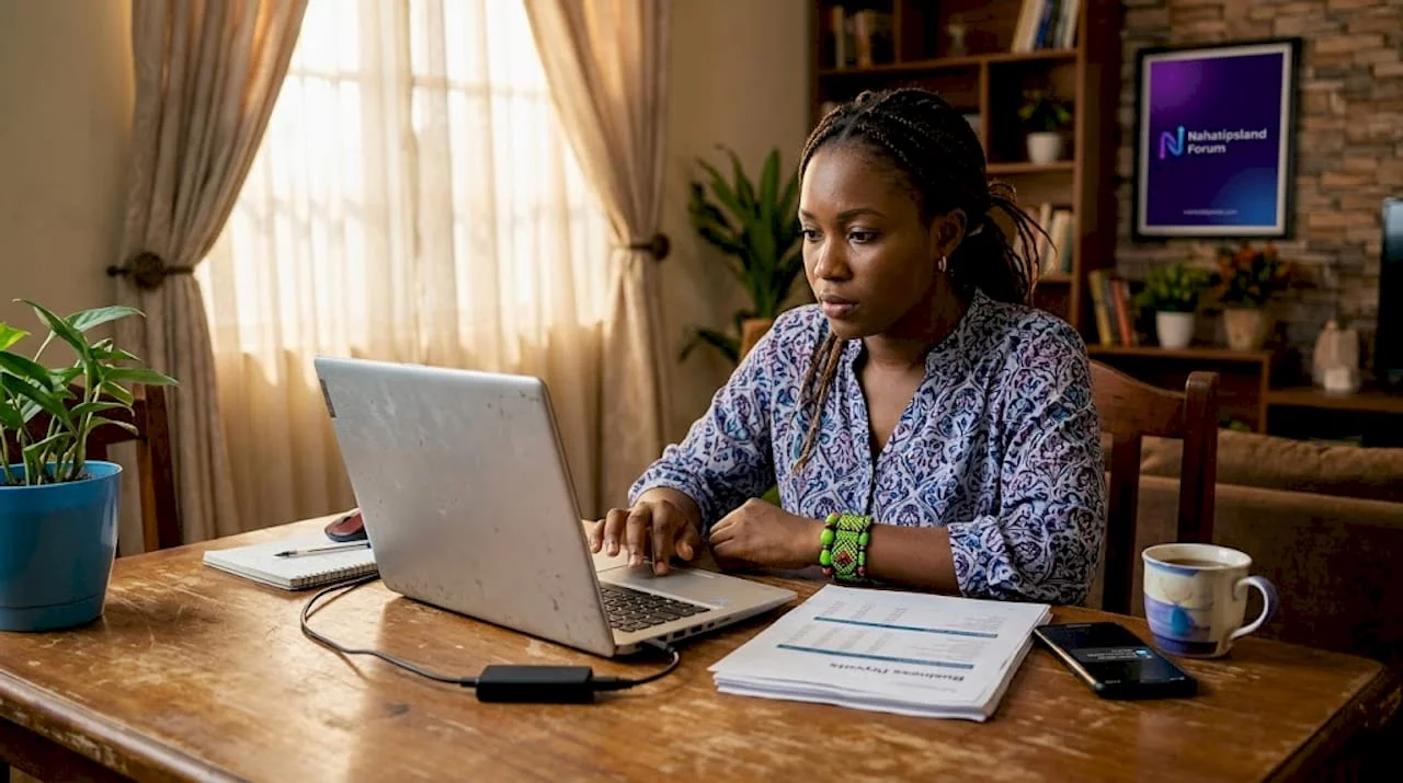 Nigerian entrepreneur checking analytics at home desk