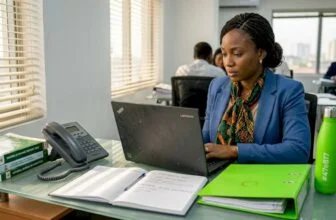 Nigerian economist at desk reviewing economic data