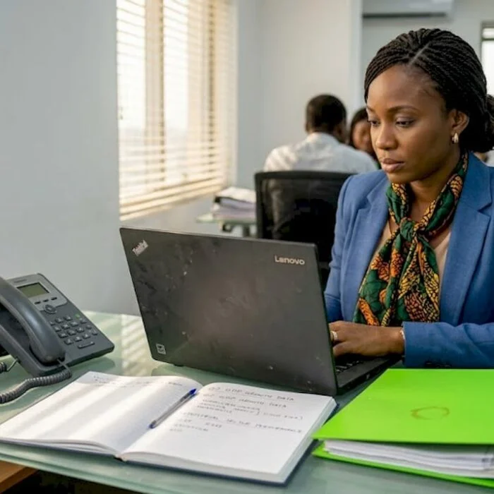Nigerian economist at desk reviewing economic data