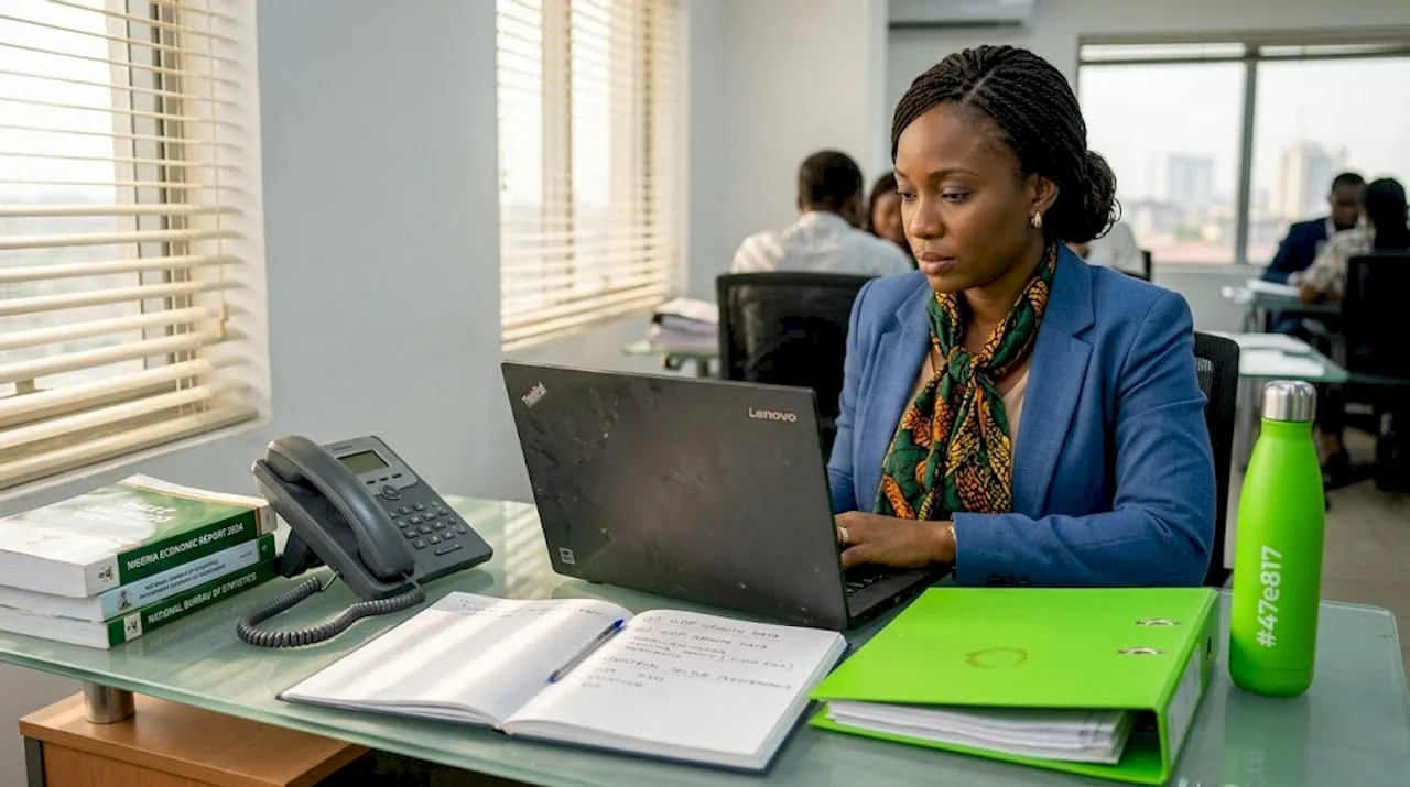 Nigerian economist at desk reviewing economic data