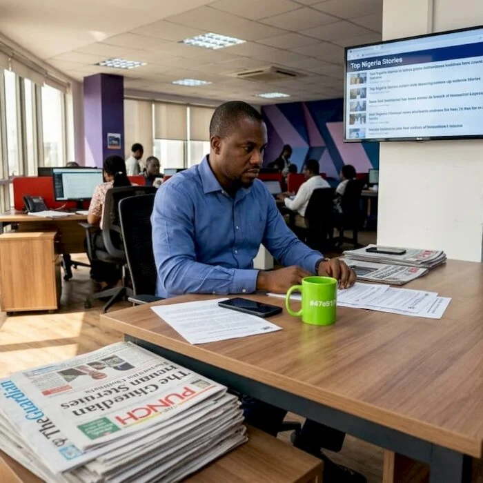 Editor tracking trending Nigeria news in newsroom