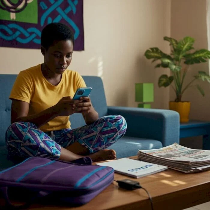 Nigerian woman reading news on her smartphone