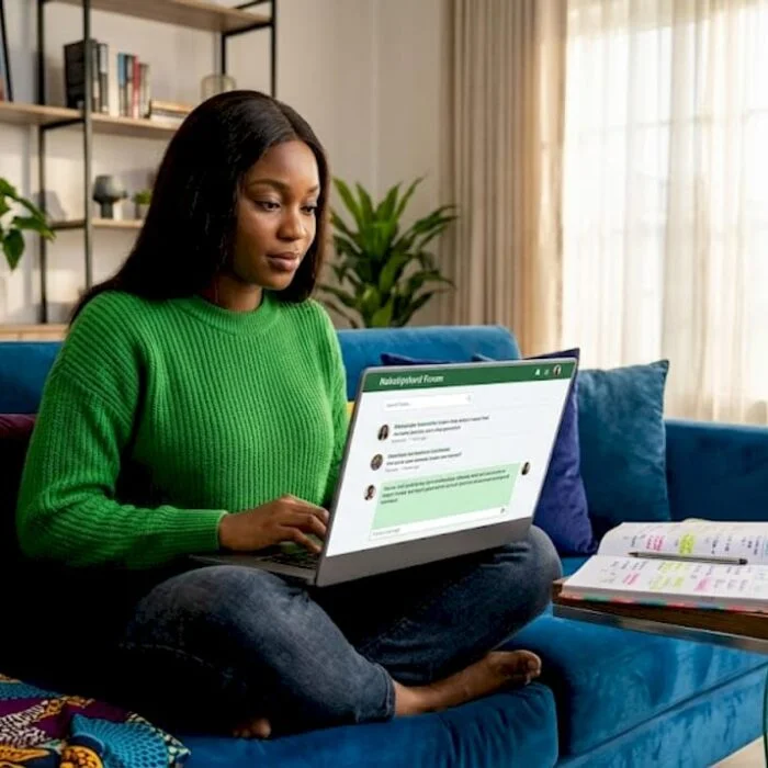 Woman chats in online group from living room