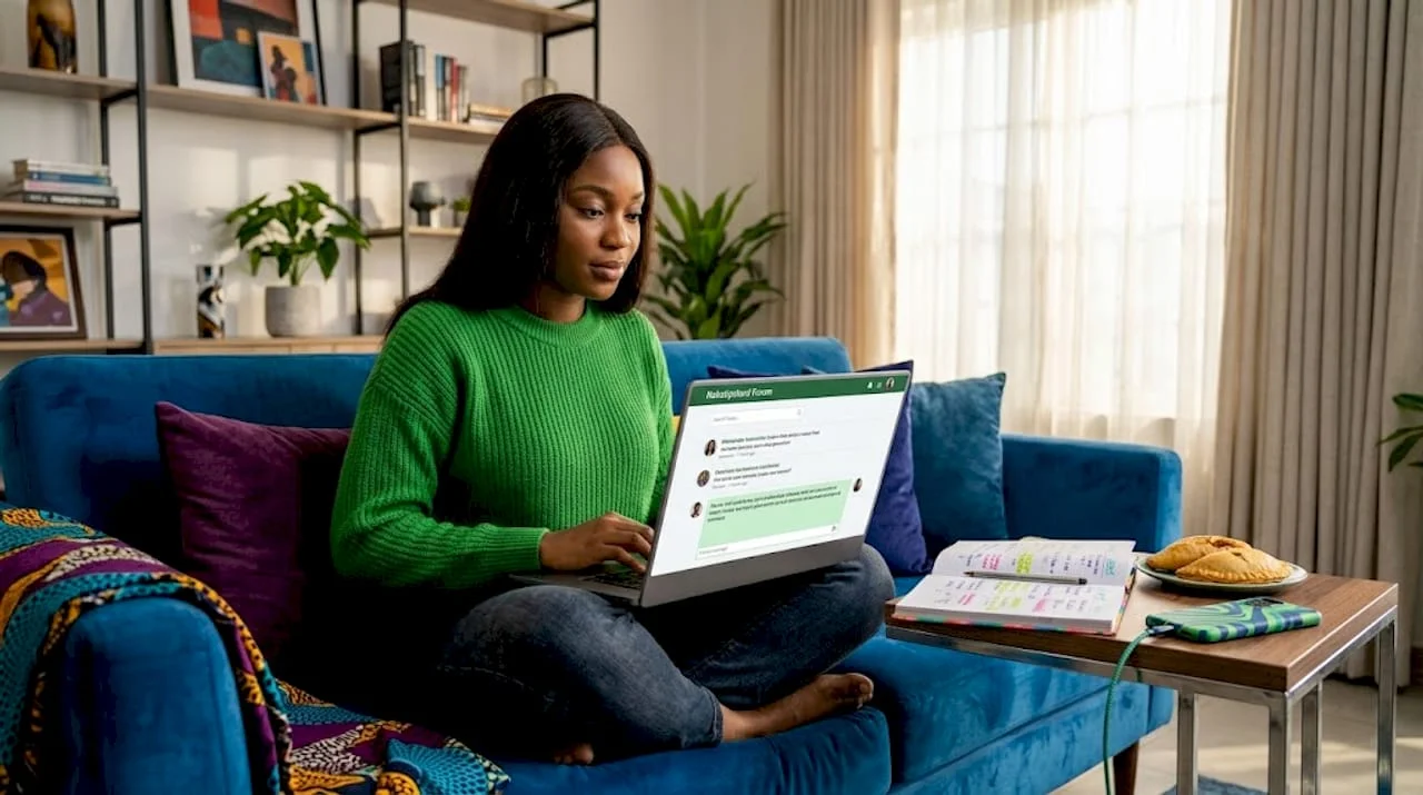 Woman chats in online group from living room