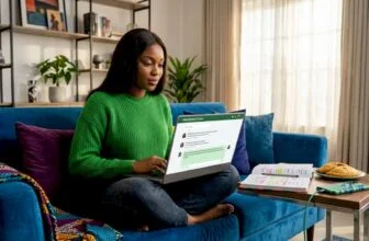 Woman chats in online group from living room
