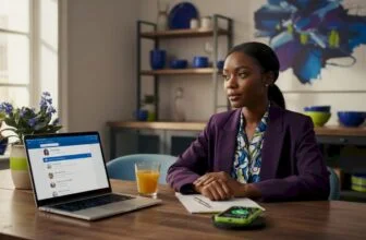 Professional woman reviews LinkedIn profile at kitchen table