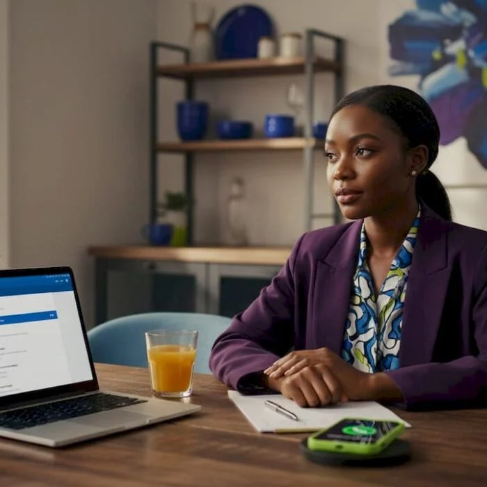 Professional woman reviews LinkedIn profile at kitchen table