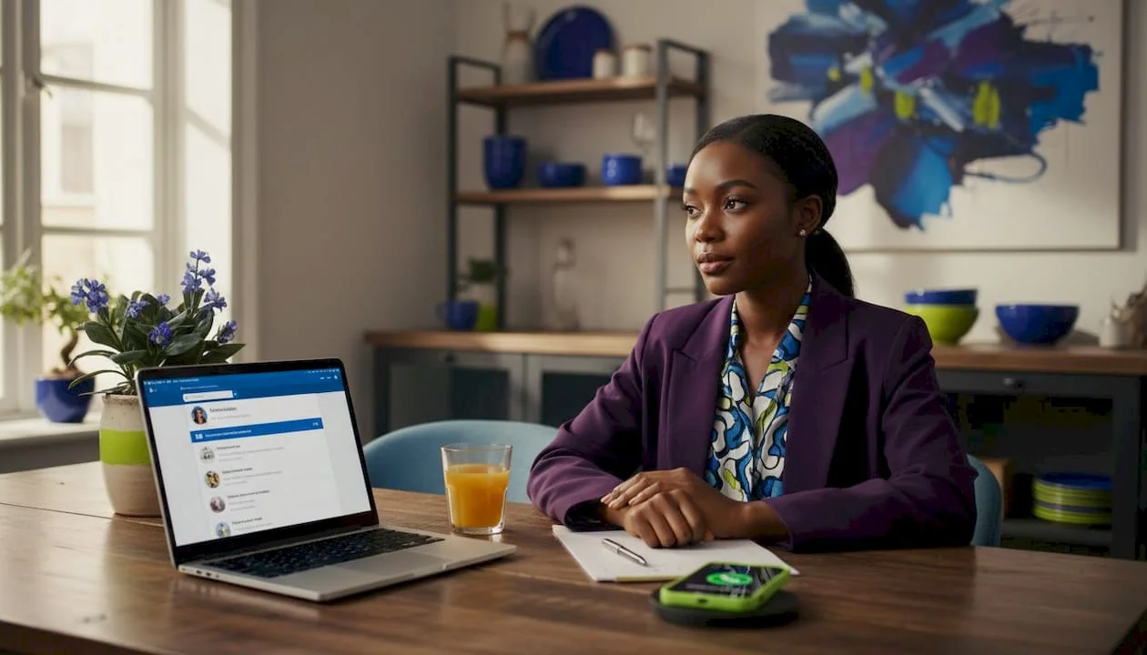 Professional woman reviews LinkedIn profile at kitchen table