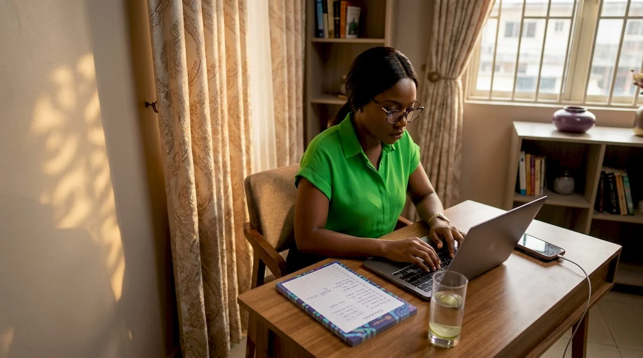 Nigerian woman using laptop for digital work