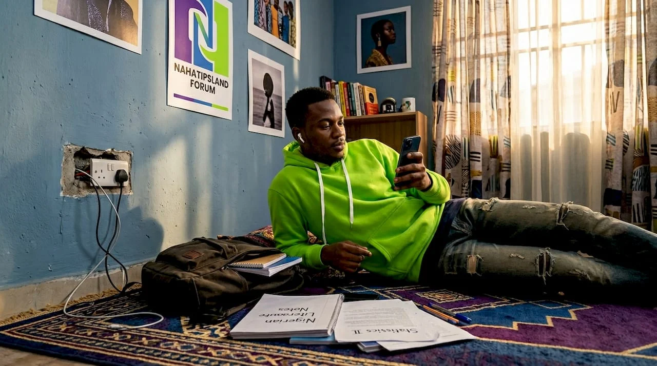 Nigerian youth browsing smartphone in home setting
