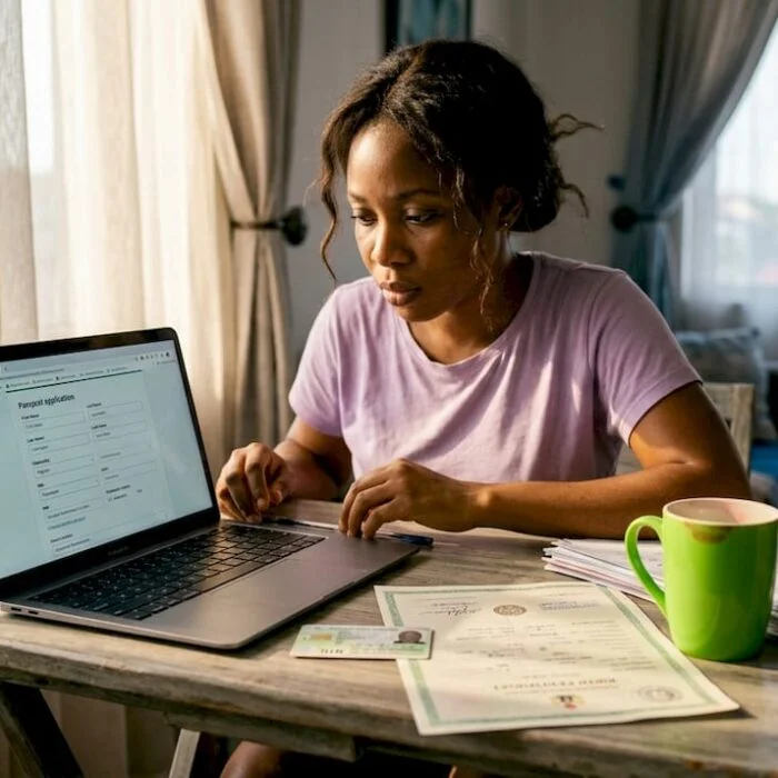 Woman filling Nigeria passport form at home