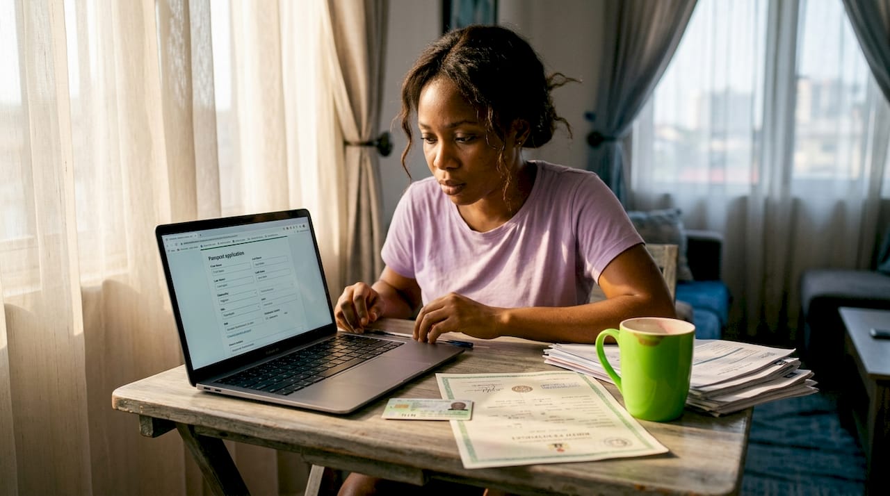 Woman filling Nigeria passport form at home