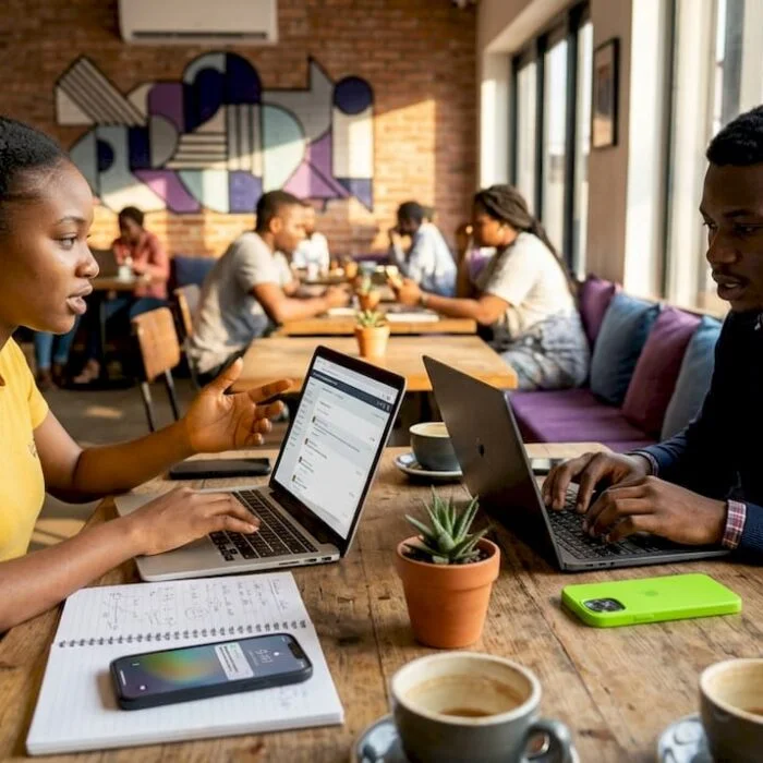 Nigerian young adults debating online at kitchen table