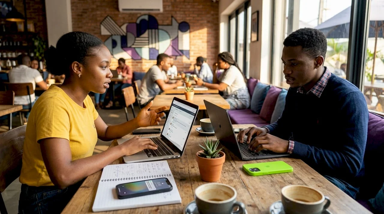 Nigerian young adults debating online at kitchen table
