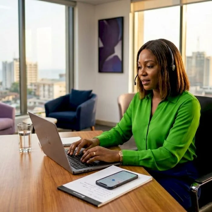 Professional woman communicating on headset at desk
