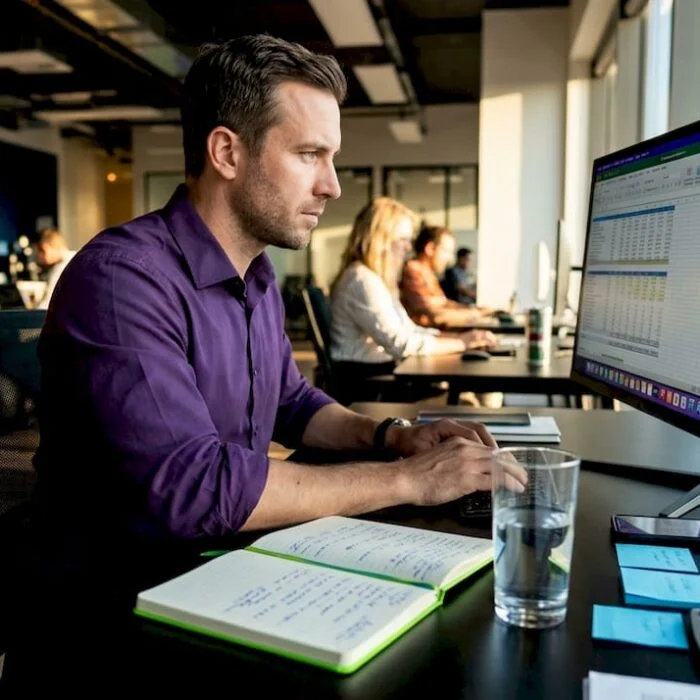 Entrepreneur reviewing startup finances at desk