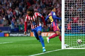 Ademola Lookman celebrates scoring for Atletico Madrid.