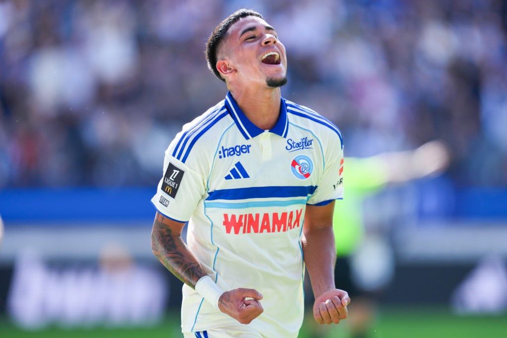 Kendry Paez celebrates first Strasbourg goal.