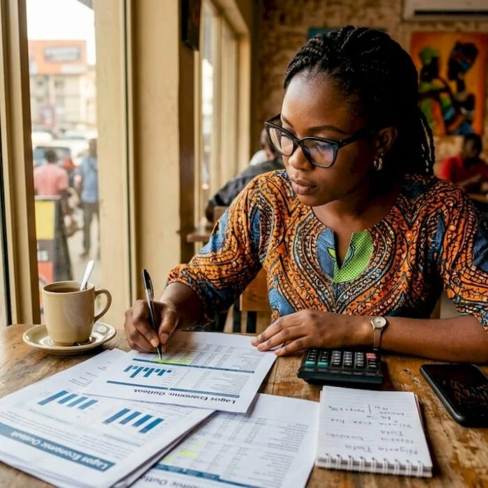 Nigerian woman reviewing economic reports at kitchen table