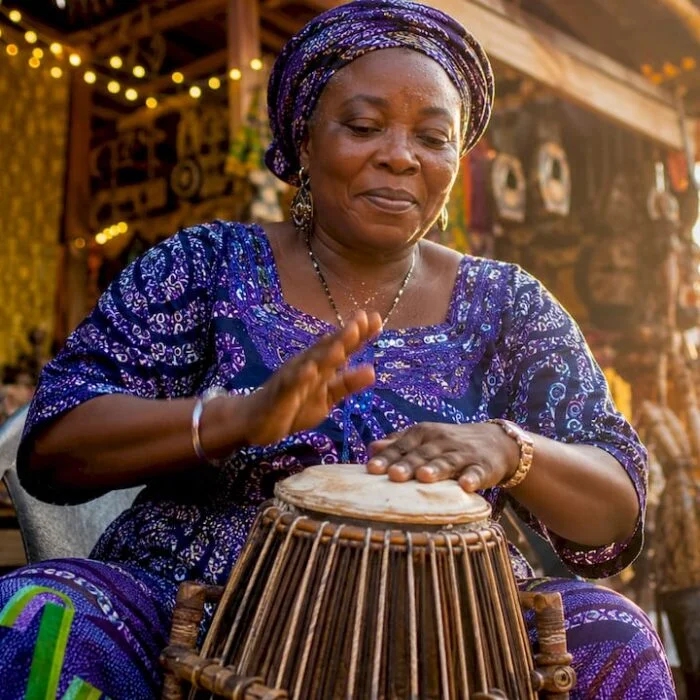 Nigerian woman playing traditional drum outdoors