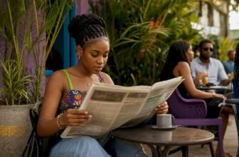 Young Nigerian woman reading local newspaper