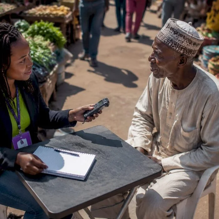Community journalist interviewing elderly man outdoors