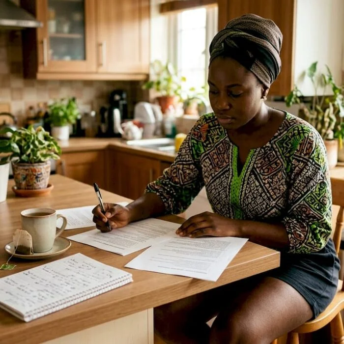 Nigerian woman preparing for interview at home