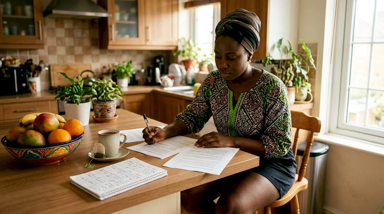 Nigerian woman preparing for interview at home