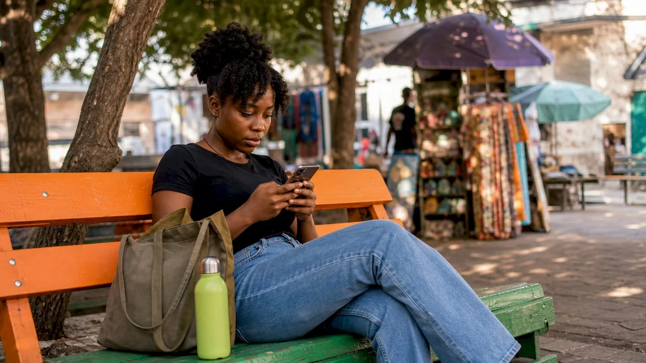 Nigerian woman using smartphone outdoors in market