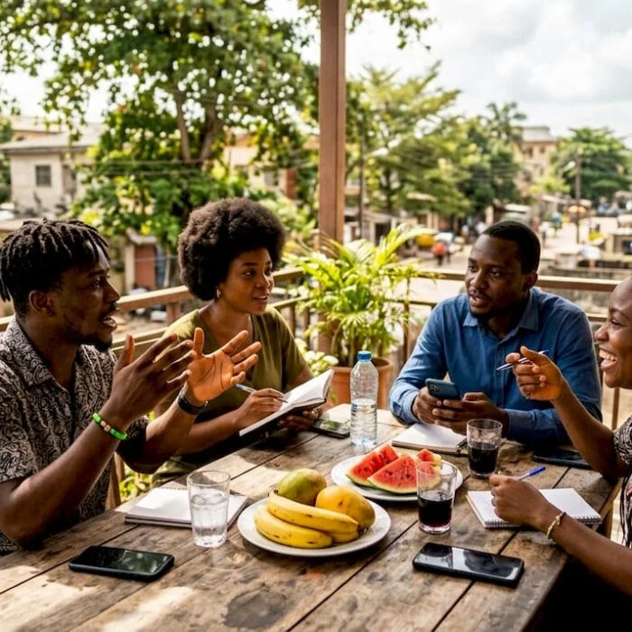 Nigerians engaged in open group discussion indoors