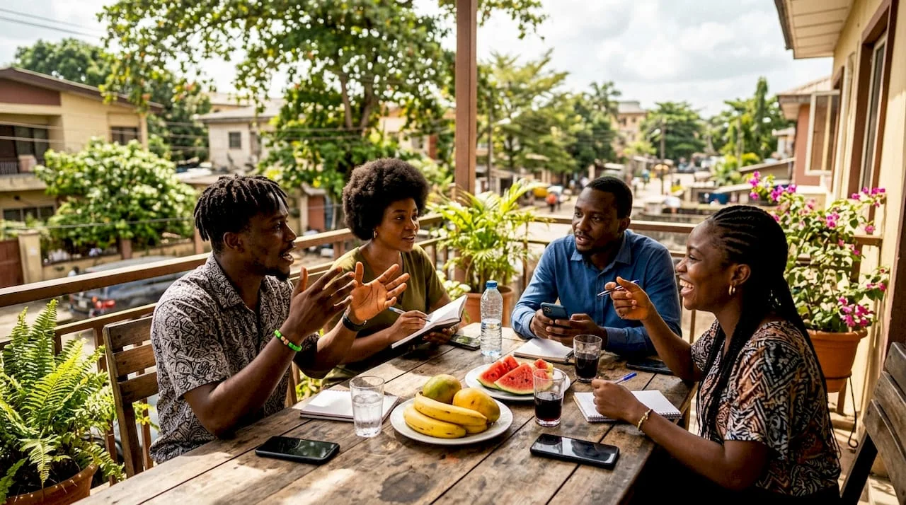 Nigerians engaged in open group discussion indoors
