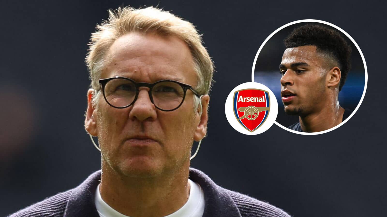 Paul Merson and, inset, PSG winger Desire Doue next to the Arsenal badge