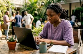 Woman analyzing trending hashtags on laptop at café