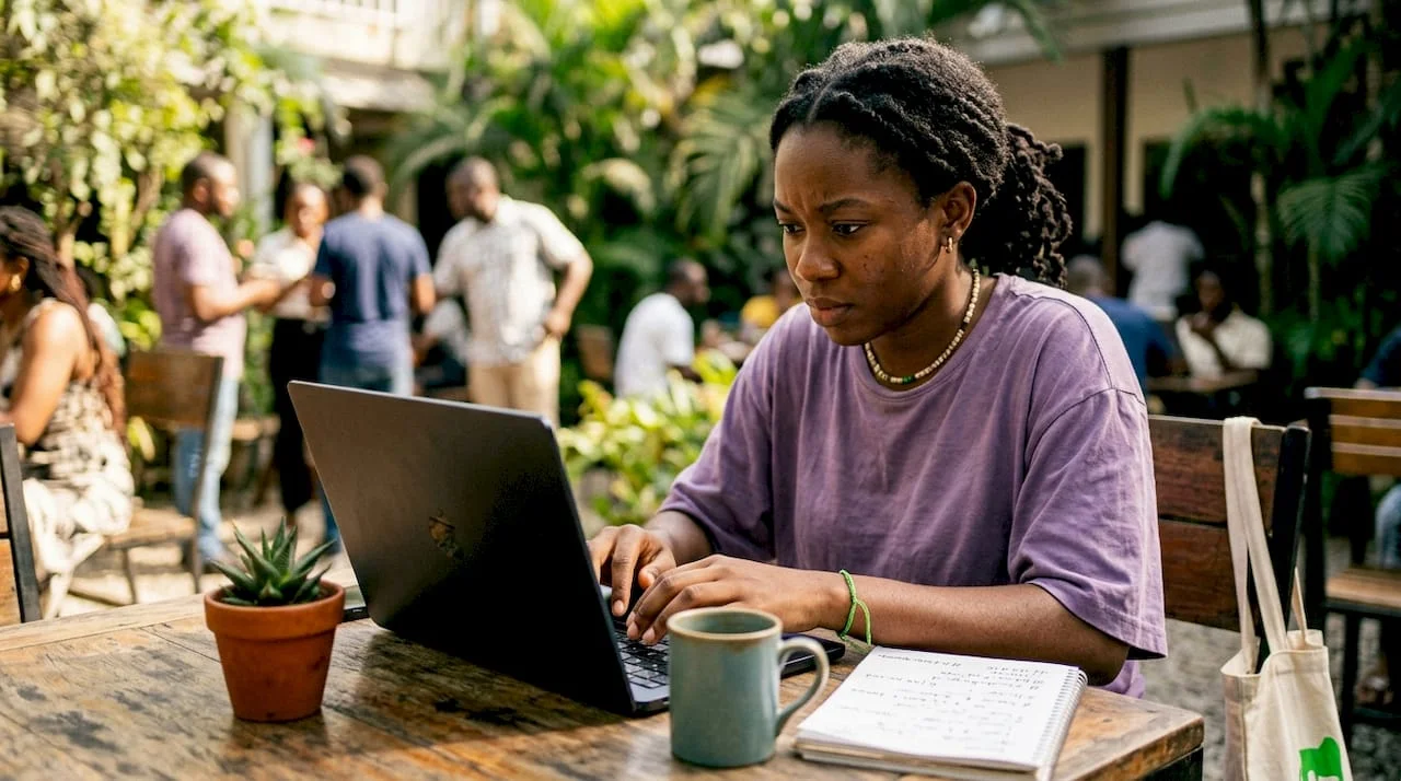Woman analyzing trending hashtags on laptop at café