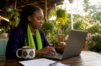 Nigerian activist working on online petition at home