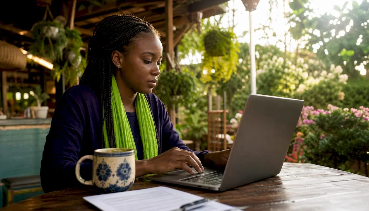 Nigerian activist working on online petition at home