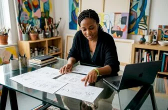 Digital storyteller working on storyboards at desk