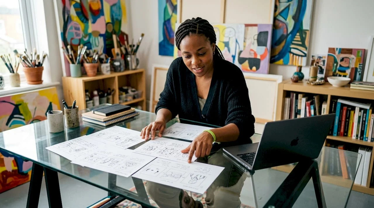 Digital storyteller working on storyboards at desk