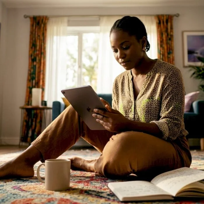 Nigerian woman checking news on phone indoors