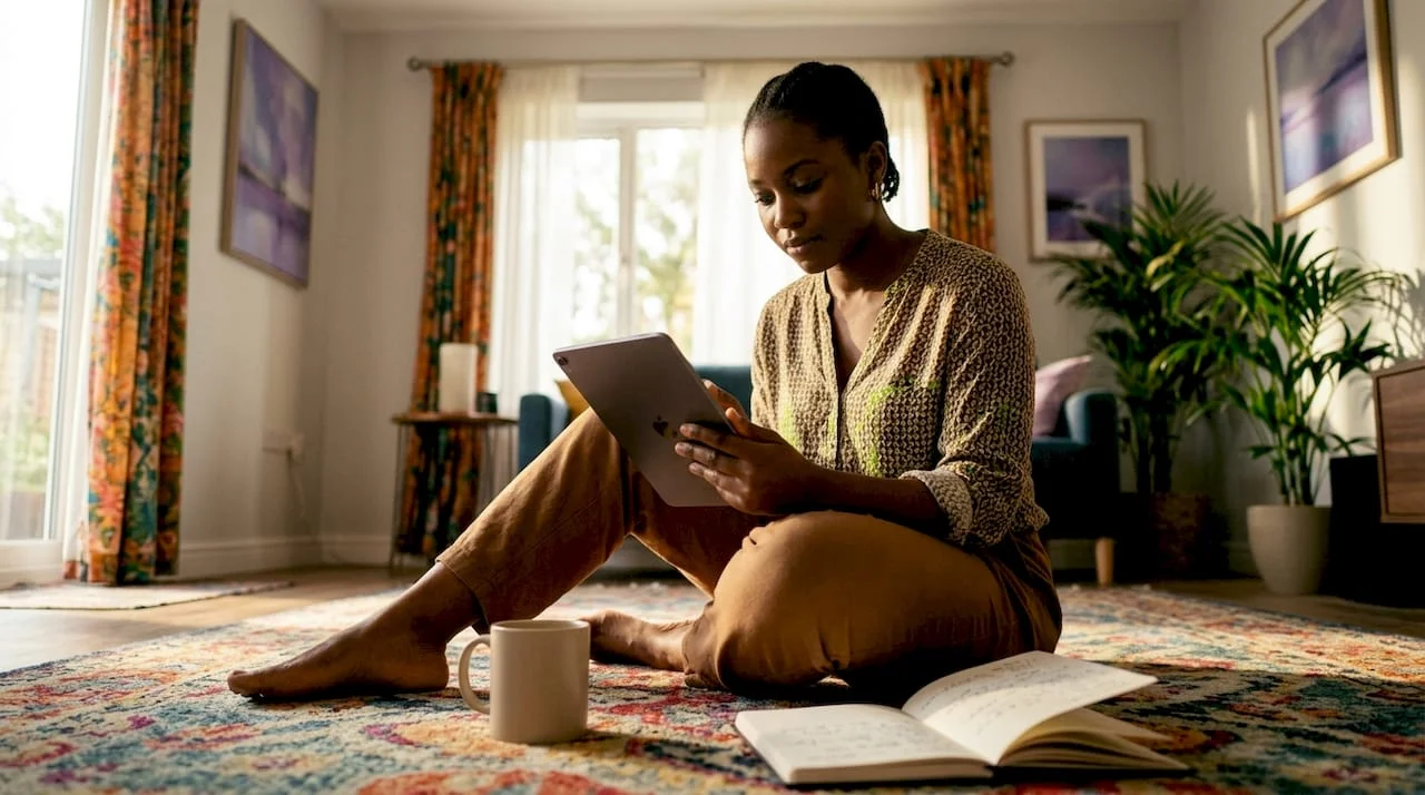 Nigerian woman checking news on phone indoors