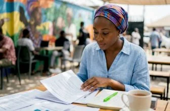 Female journalist reviewing transparency guidelines at desk