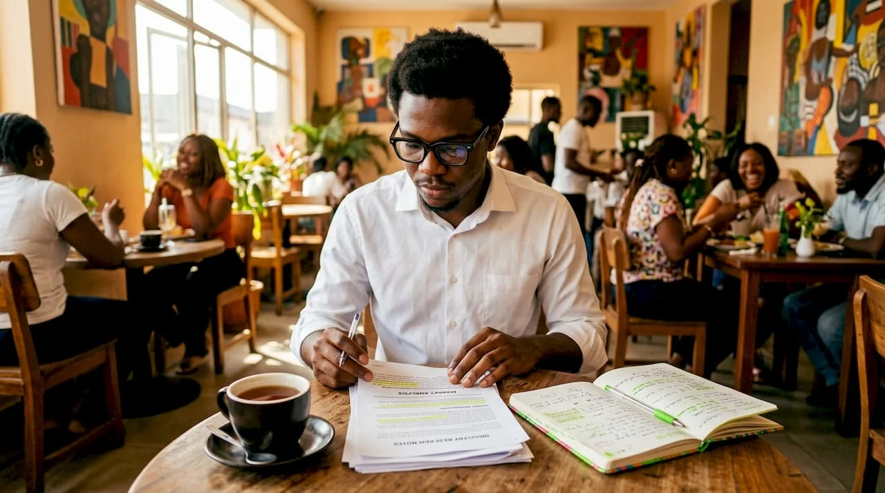 Young Nigerian man studying job interview materials