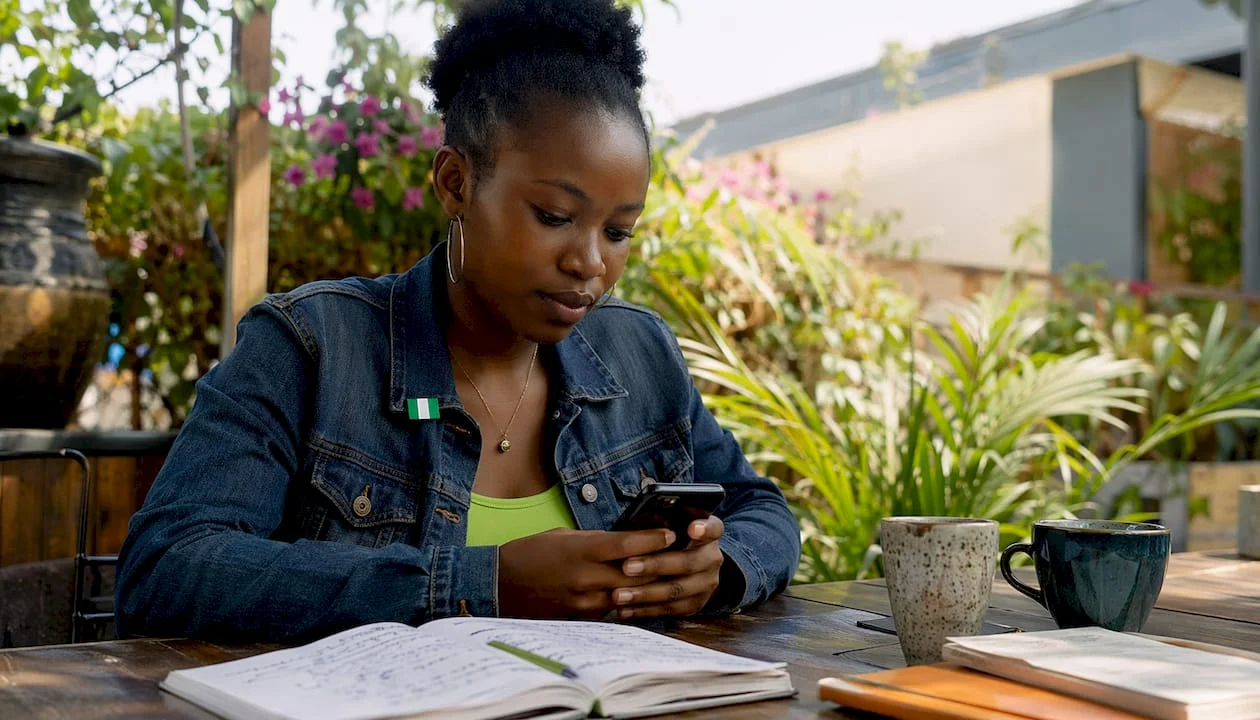 Young Nigerian woman using smartphone in co-working space