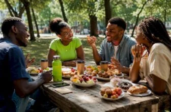 Young diverse group bonding over sports in café