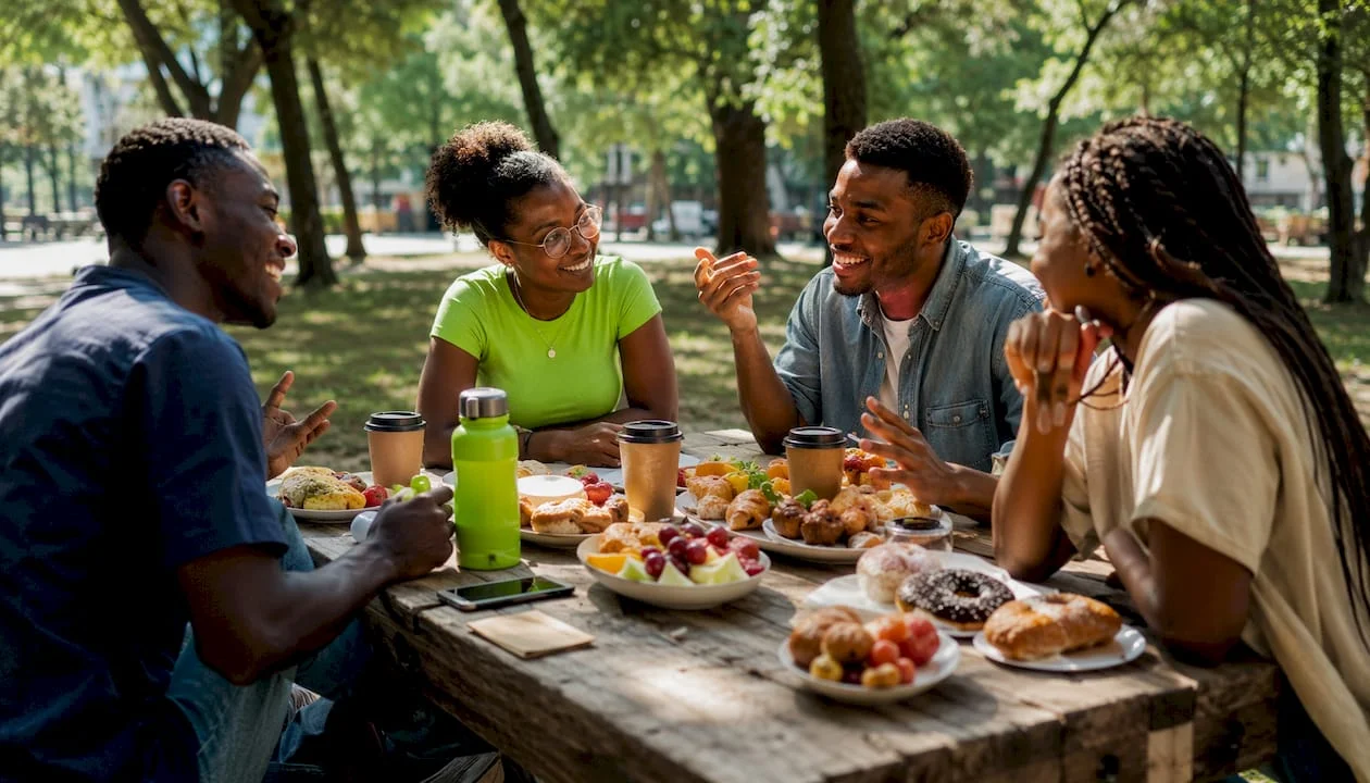 Young diverse group bonding over sports in café