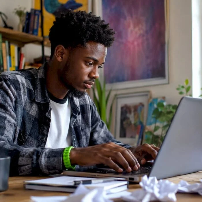 Young man typing viral post at home desk