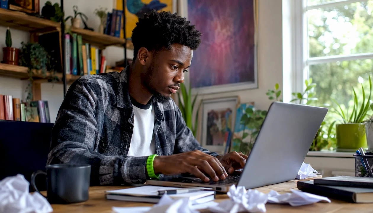 Young man typing viral post at home desk