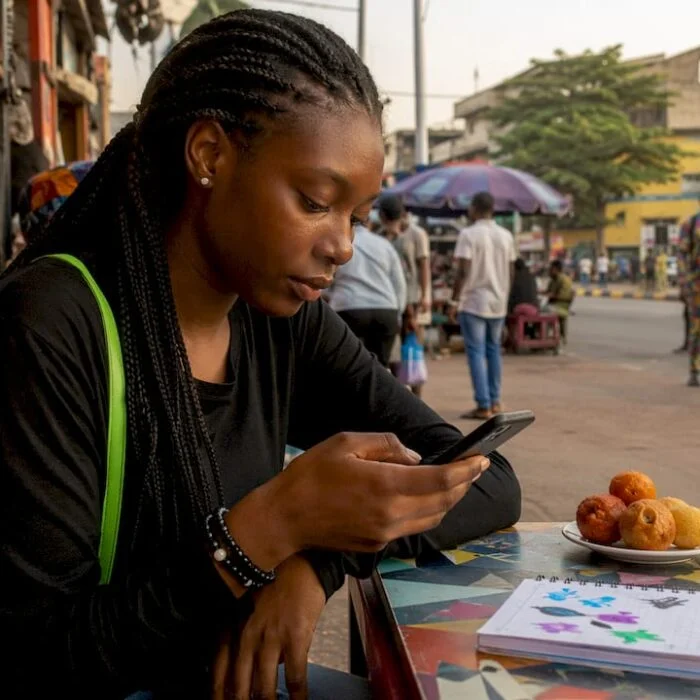 Nigerian woman typing shareable forum post on phone