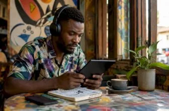 Nigerian man reading Nigerian news at home desk