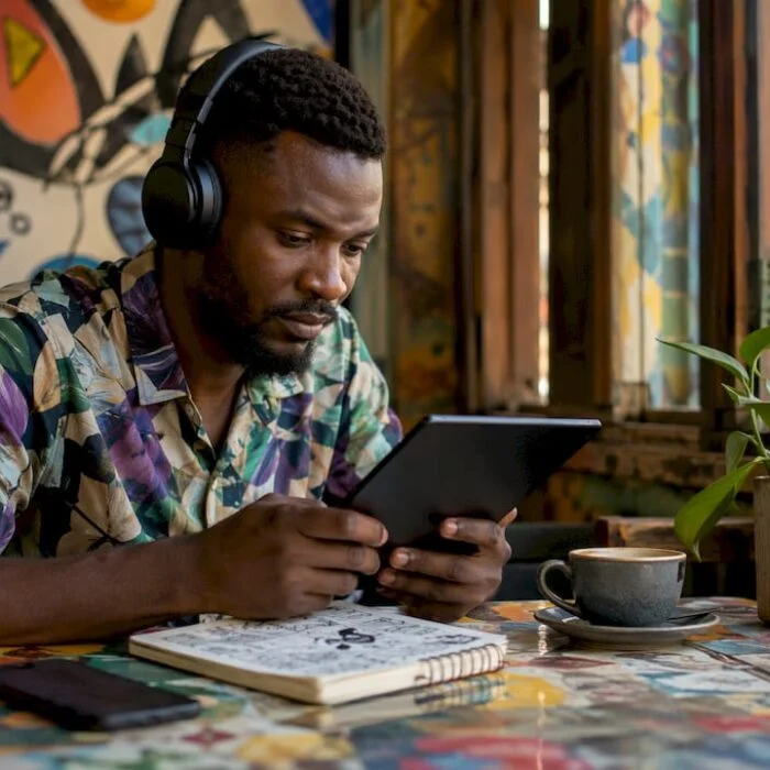 Nigerian man reading Nigerian news at home desk